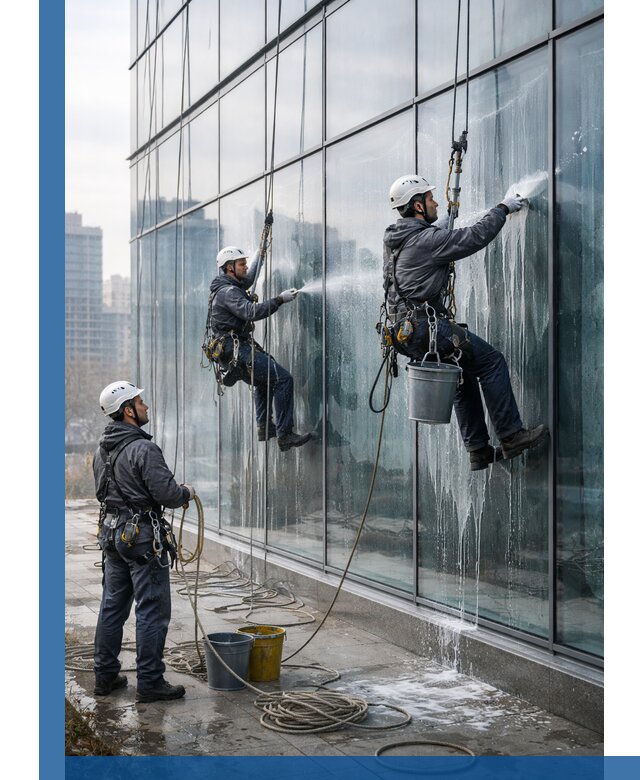 Промышленная мойка панорамных окон на высоте в Ижевске