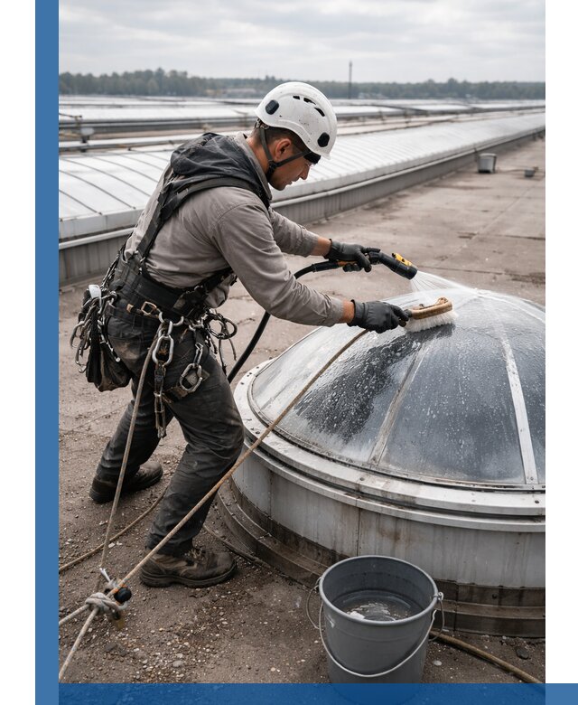 Мойка зенитных фонарей на кровле для промышленных объектов в Ижевске