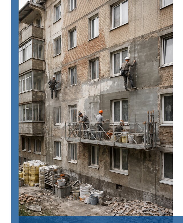 Капитальный ремонт фасада в Ижевске с восстановлением и гидроизоляцией