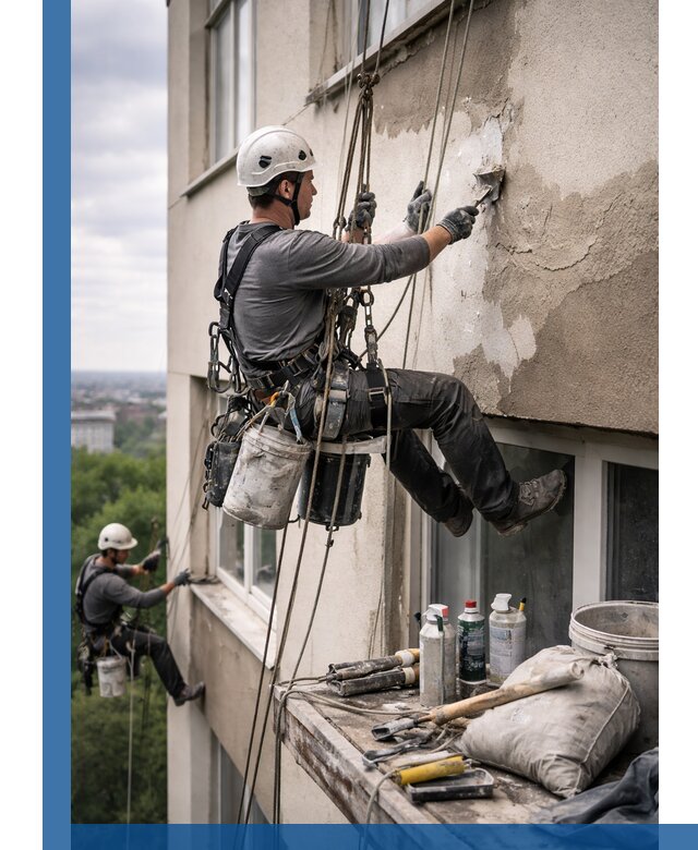 Косметический ремонт фасада зданий в Ижевске промышленными альпинистами