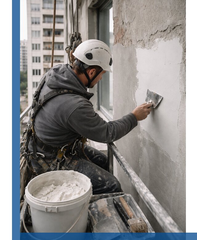 Шпаклевка фасадов на высоте с промальпинистами в Ижевске