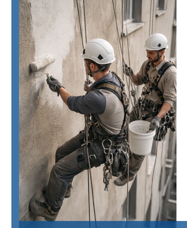 Грунтовка фасада на высоте в Ижевске промышленными альпинистами