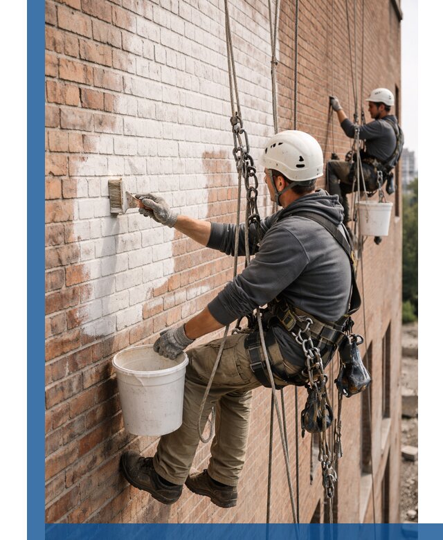 Покраска кирпичного фасада с доступным альпинистским сервисом в Ижевске