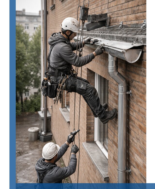 Монтаж водосточной системы на здании в Ижевске под ключ