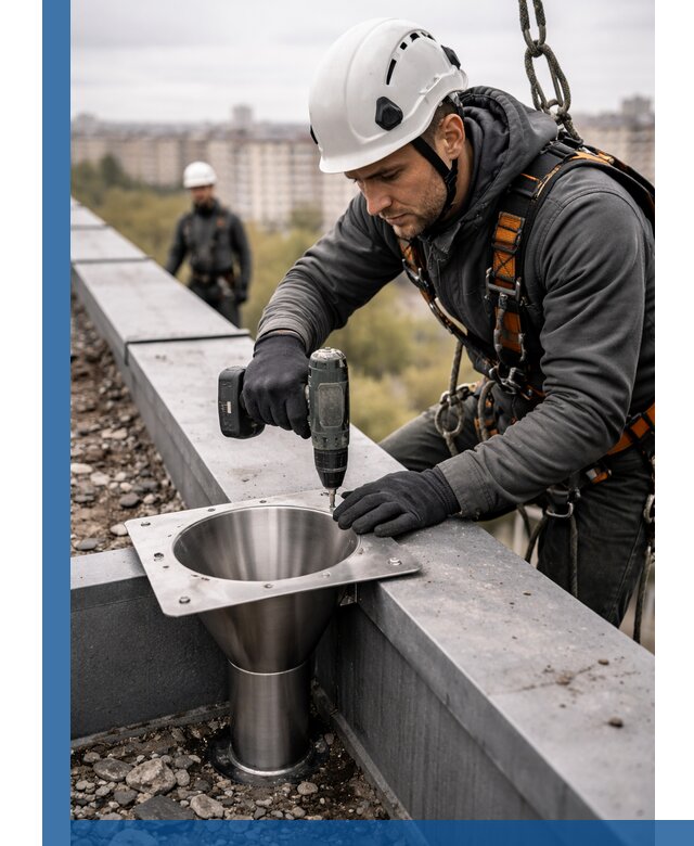 Монтаж водосточных воронок в Ижевске для промышленных зданий