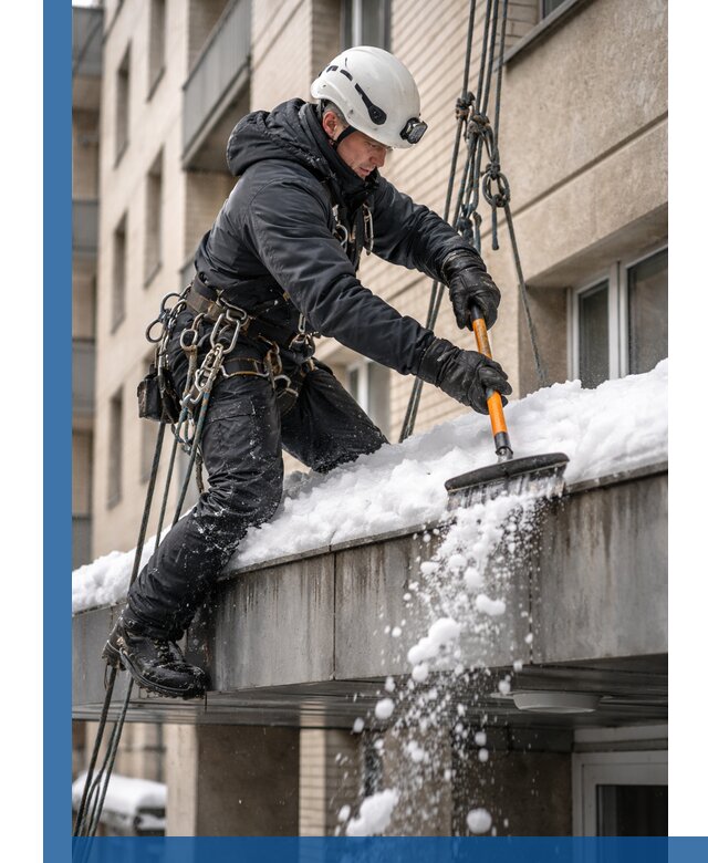 Очистка козырьков от снега в Ижевске круглогодично безопасно