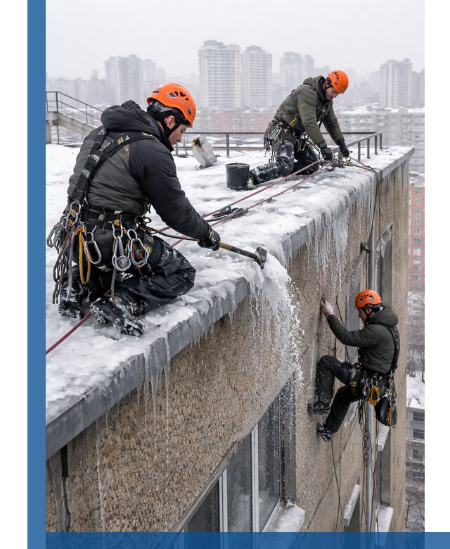 Удаление наледи с кровли в Ижевске промышленными альпинистами