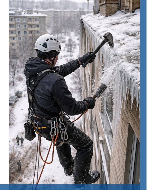 Сбивание сосулек с крыши в Ижевске по цене от 4674 р. | ВЫСОТНИК-Жвс