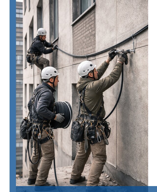 Прокладка кабеля по фасаду в Ижевске, профессиональный монтаж