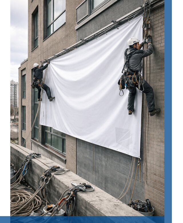 Монтаж баннеров на фасаде в Ижевске от 675 р. заказать ВЫСОТНИК-Жвс