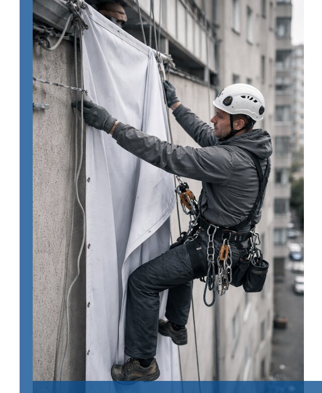 Замена баннерного полотна промышленными альпинистами в Ижевске