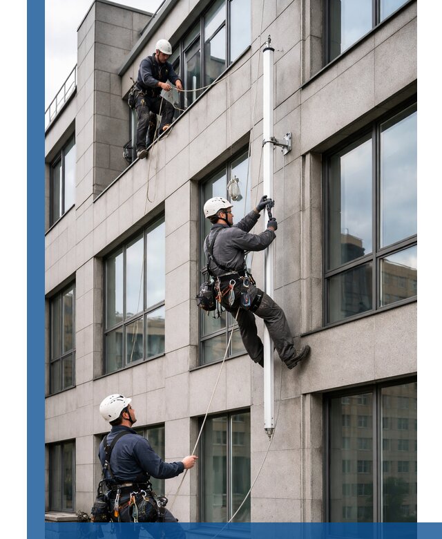 Монтаж флагштока на фасаде здания с креплением и герметикой в Ижевске
