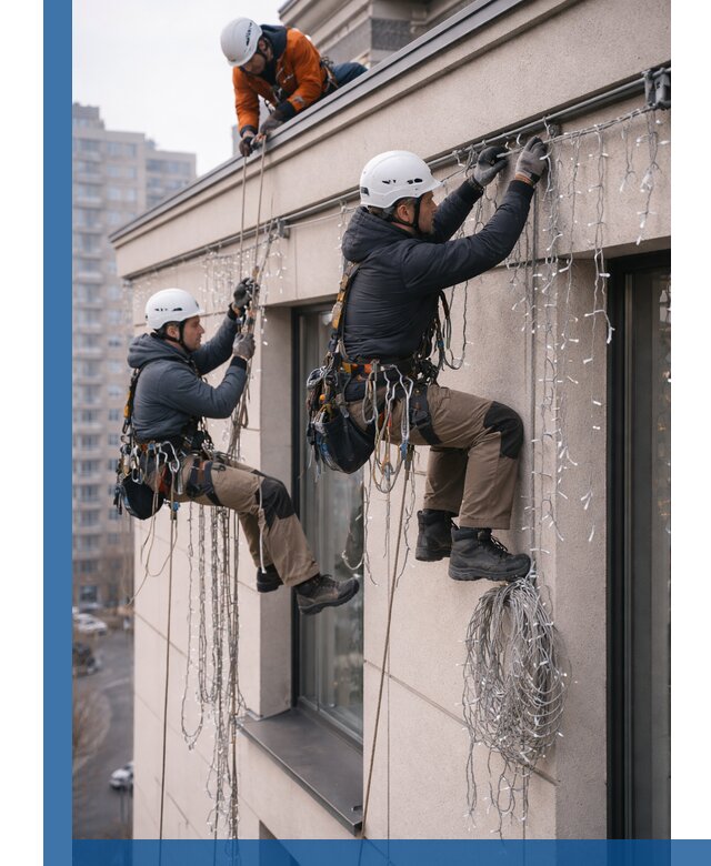 Монтаж праздничных гирлянд на фасаде в Ижевске для зданий