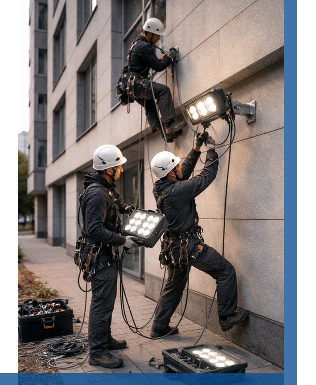 Монтаж прожекторов на фасаде в Ижевске от 7790 р. | ВЫСОТНИК-Жвс