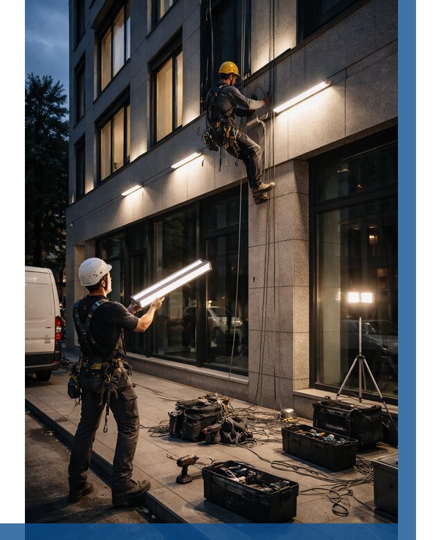 Монтаж архитектурной подсветки здания в Ижевске от 2597 р.|ВЫСОТНИК-Жвс