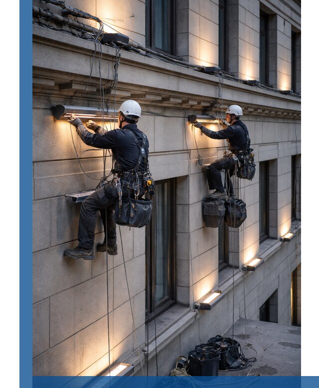 Монтаж архитектурной подсветки фасадов зданий в Ижевске