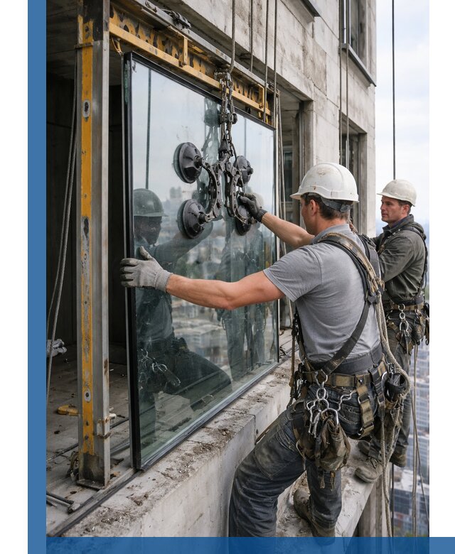 Монтаж стеклопакетов на высоте в Ижевске с промышленным альпинизмом