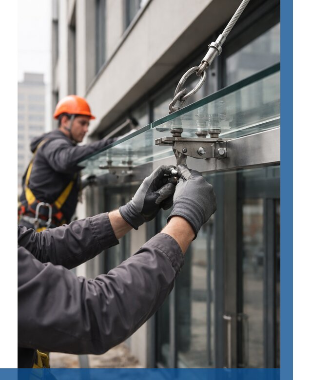 Монтаж стеклянных козырьков в Ижевске от 8829 р. | ВЫСОТНИК-Жвс