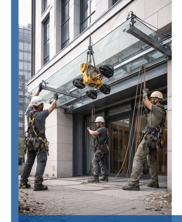 Монтаж стеклянных козырьков под ключ в Ижевске для зданий