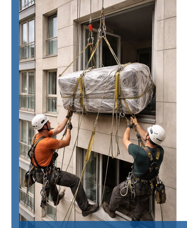 Подъем грузов через окно в Ижевске промышленными альпинистами