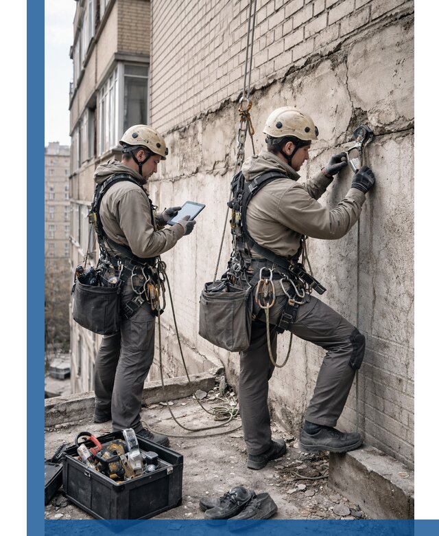 Обследование фасада промышленными альпинистами в Ижевске